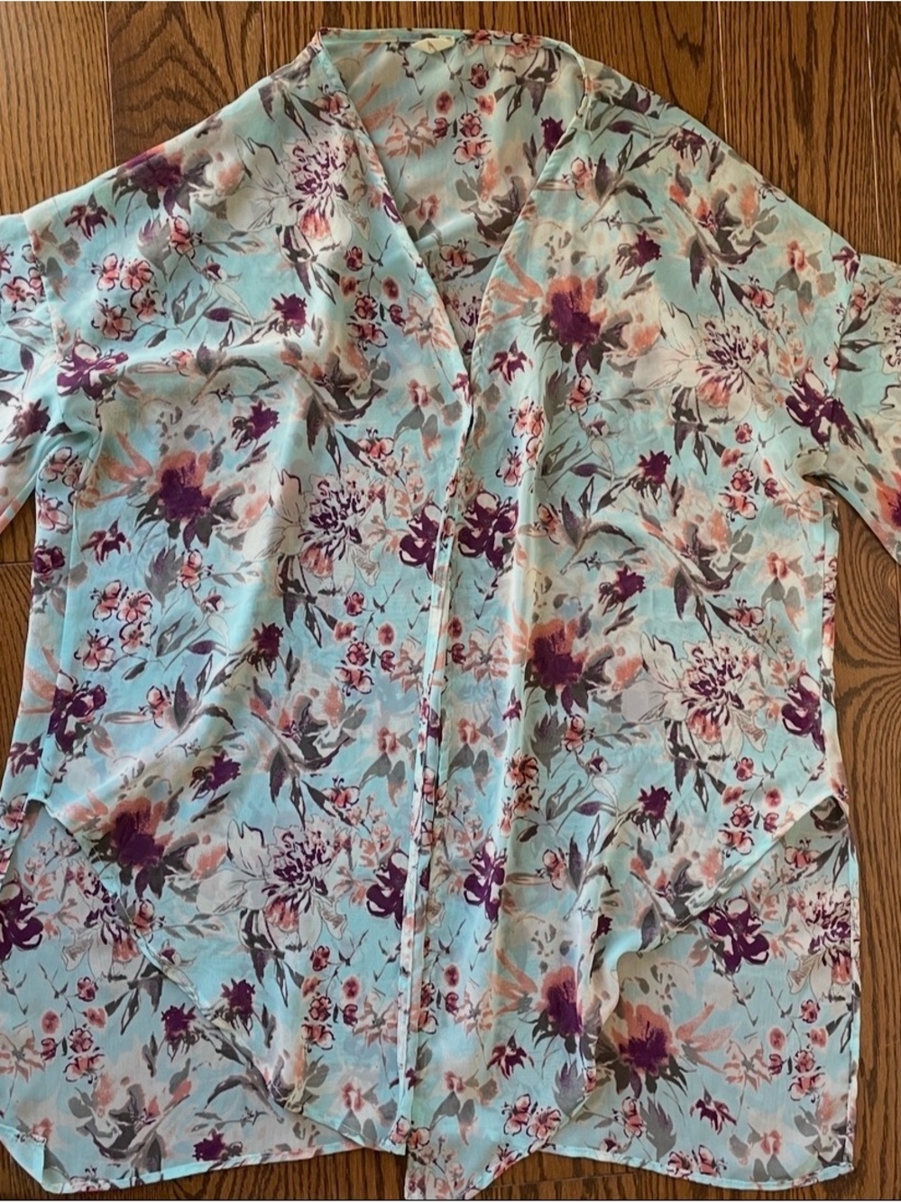 Pinkblush Mint Floral Lightweight Kimono Wrap with Purple & Blush Flowers